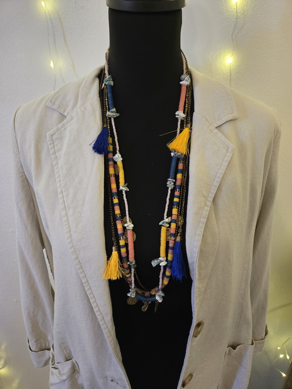 Boho Tassel Layered Necklace - Blue, Yellow & Pink